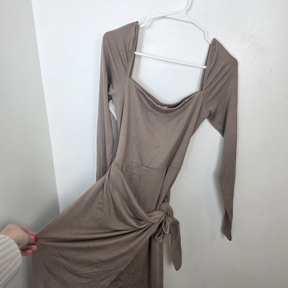 Aritzia Wilfred Taupe Tie Saturn Long Sleeve Minimalist Midi Dress Size Large‎ - Picture 3 of 9